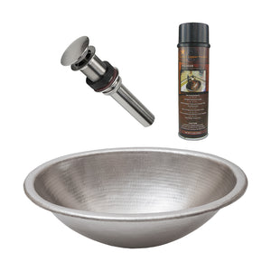 Alternate Image for Premier Copper Products 19" Oval Self Rimming Hammered Copper Nickel Bathroom Sink, Matching Drain and Accessories, BSP5_LO19REN-P