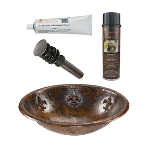 Alternate Image for Premier Copper Products 19" Oval Fleur De Lis Self Rimming Hammered Copper Bathroom Sink, Matching Drain and Accessories, Oil Rubbed Bronze, BSP5_LO19RFLDB-P
