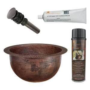 Alternate Image for Premier Copper Products 10" Round Under Counter Hammered Copper Bathroom Sink, Matching Drain and Accessories, Oil Rubbed Bronze, BSP5_LR10FDB-P