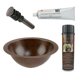 Alternate Image for Premier Copper Products 12" Round Under Counter Hammered Copper Bathroom Sink, Matching Drain and Accessories, Oil Rubbed Bronze, BSP5_LR12FDB-P