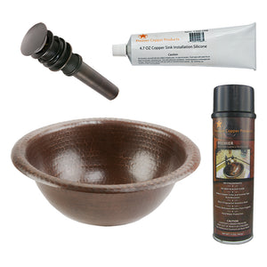 Alternate Image for Premier Copper Products 12" Round Self Rimming Hammered Copper Bathroom Sink, Matching Drain and Accessories, Oil Rubbed Bronze, BSP5_LR12RDB-P