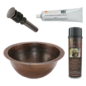 Alternate Image for Premier Copper Products 14" Round Under Counter Hammered Copper Bathroom Sink, Matching Drain and Accessories, Oil Rubbed Bronze, BSP5_LR14FDB-P
