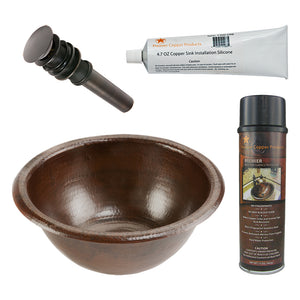 Alternate Image for Premier Copper Products 14" Round Self Rimming Hammered Copper Bathroom Sink, Matching Drain and Accessories, Oil Rubbed Bronze, BSP5_LR14RDB-P