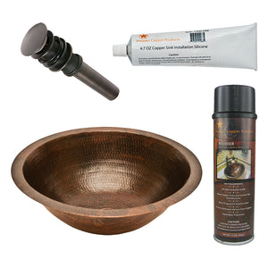 Alternate Image for Premier Copper Products 17" Round Under Counter Hammered Copper Bathroom Sink, Matching Drain and Accessories, Oil Rubbed Bronze, BSP5_LR17FDB-P