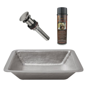 Alternate Image for Premier Copper Products 19" Rectangle Under Counter Hammered Copper Bathroom Sink in Nickel, Matching Drain and Accessories, BSP5_LREC19EN-P