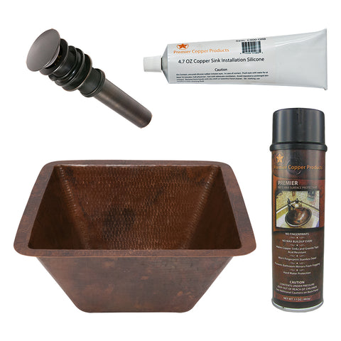 Premier Copper Products 15" Square Under Counter Hammered Copper Bathroom Sink, Matching Drain and Accessories, Oil Rubbed Bronze, BSP5_LSQ15DB-P