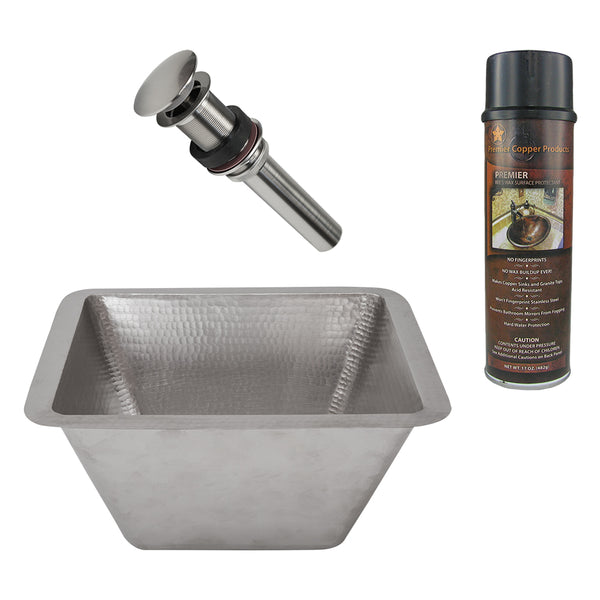 Premier Copper Products 15" Square Under Counter Hammered Copper Bathroom Sink in Nickel, Matching Drain and Accessories, BSP5_LSQ15EN-P