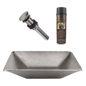Alternate Image for Premier Copper Products 17" Modern Rectangle Hand Forged Old World Copper Vessel Bathroom Sink in Nickel, Matching Drain and Accessories, BSP5_PVMRECEN-P