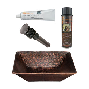 Alternate Image for Premier Copper Products 14" Square Hand Forged Old World Copper Vessel Bathroom Sink, Matching Drain and Accessories, Oil Rubbed Bronze, BSP5_PVSQ14DB-P