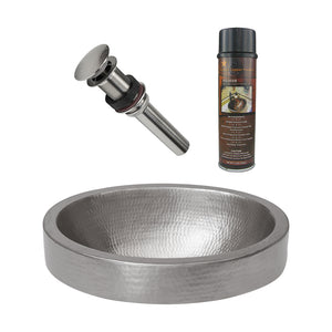 Alternate Image for Premier Copper Products 17" Compact Oval Skirted Vessel Hammered Copper Bathroom Sink in Nickel, Matching Drain and Accessories, BSP5_VO17SKEN-P