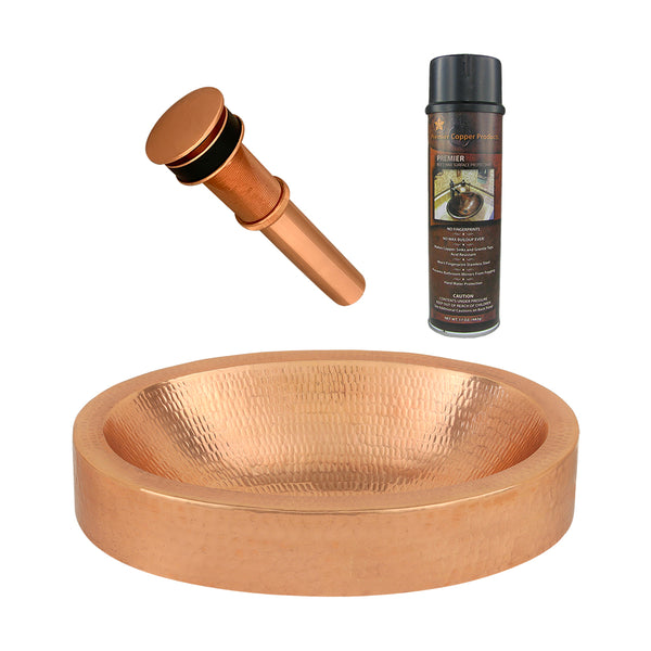 Premier Copper Products 17" Compact Oval Skirted Vessel Hammered Copper Bathroom Sink in Polished Copper, Matching Drain and Accessories, BSP5_VO17SKPC-P