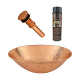 Premier Copper Products 17" Oval Wired Rim Vessel Hammered Copper Bathroom Sink in Polished Copper, Matching Drain and Accessories, BSP5_VO17WPC-P