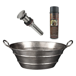 Alternate Image for Premier Copper Products 16" Oval Bucket Vessel Hammered Copper Bathroom Sink with Handles in Nickel, Matching Drain and Accessories, BSP5_VOB16EN-P