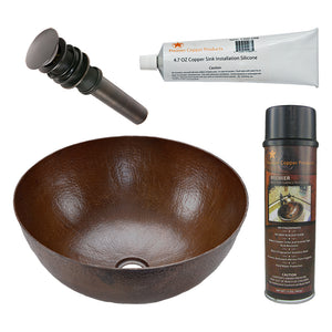 Alternate Image for Premier Copper Products 13" Small Round Vessel Hammered Copper Bathroom Sink, Matching Drain and Accessories, Oil Rubbed Bronze, BSP5_VR13BDB-P