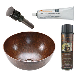 Alternate Image for Premier Copper Products 15" Medium Round Vessel Hammered Copper Bathroom Sink, Matching Drain and Accessories, Oil Rubbed Bronze, BSP5_VR15BDB-P