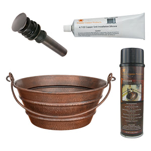 Alternate Image for Premier Copper Products 16" Round Bucket Vessel Hammered Copper Bathroom Sink with Handles, Matching Drain and Accessories, Oil Rubbed Bronze, BSP5_VR16BUDB-P
