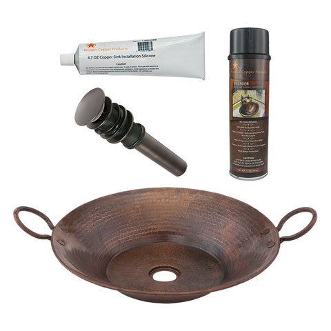 Premier Copper Products 16" Round Miners Pan Vessel Hammered Copper Bathroom Sink, Matching Drain and Accessories, Oil Rubbed Bronze, BSP5_VR16MPDB-P