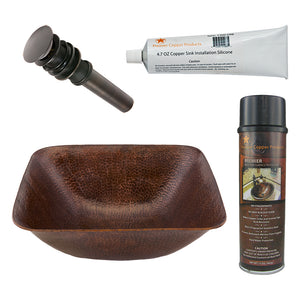 Alternate Image for Premier Copper Products 14" Square Vessel Hammered Copper Bathroom Sink, Matching Drain and Accessories, Oil Rubbed Bronze, BSP5_VSQ14BDB-P
