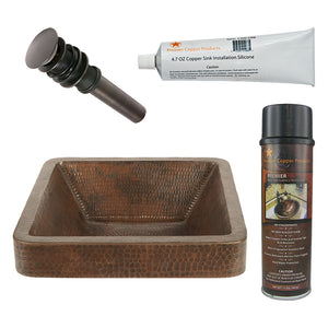 Alternate Image for Premier Copper Products 15" Square Skirted Vessel Hammered Copper Bathroom Sink, Matching Drain and Accessories, Oil Rubbed Bronze, BSP5_VSQ15SKDB-P