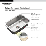 Houzer Belleo 27 inch Stainless Steel Drop-in Topmount Single Bowl Kitchen Sink with Strainer & Grid - 18 Gauge, BSS-2700