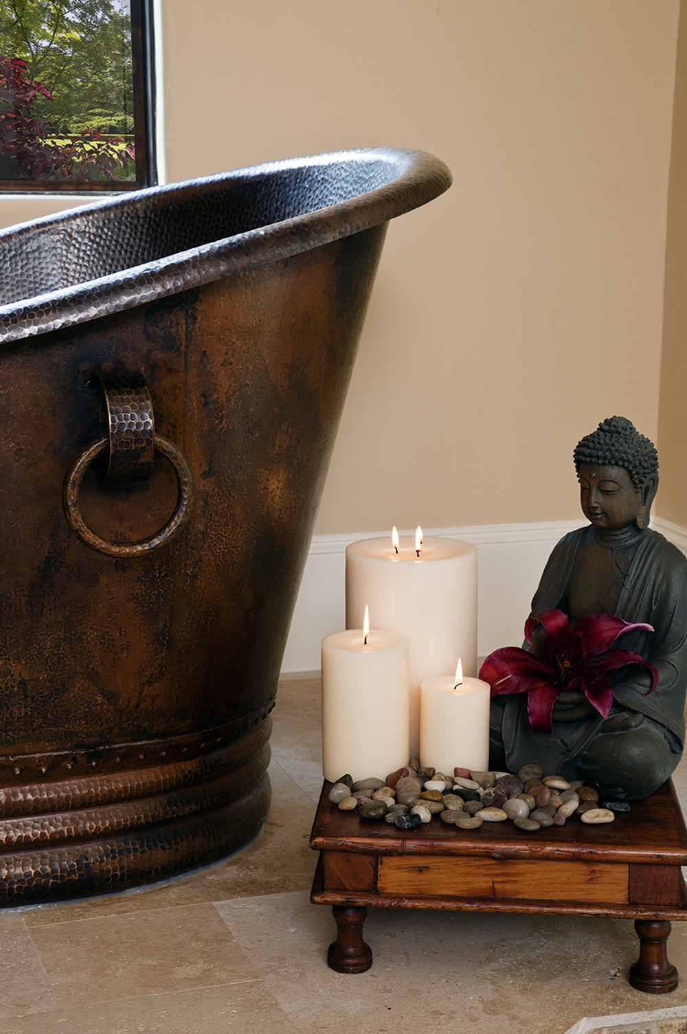 Installation Image of Premier Copper Products 67" Hammered Copper Double Slipper Bathtub With Rings, BTDR67DB