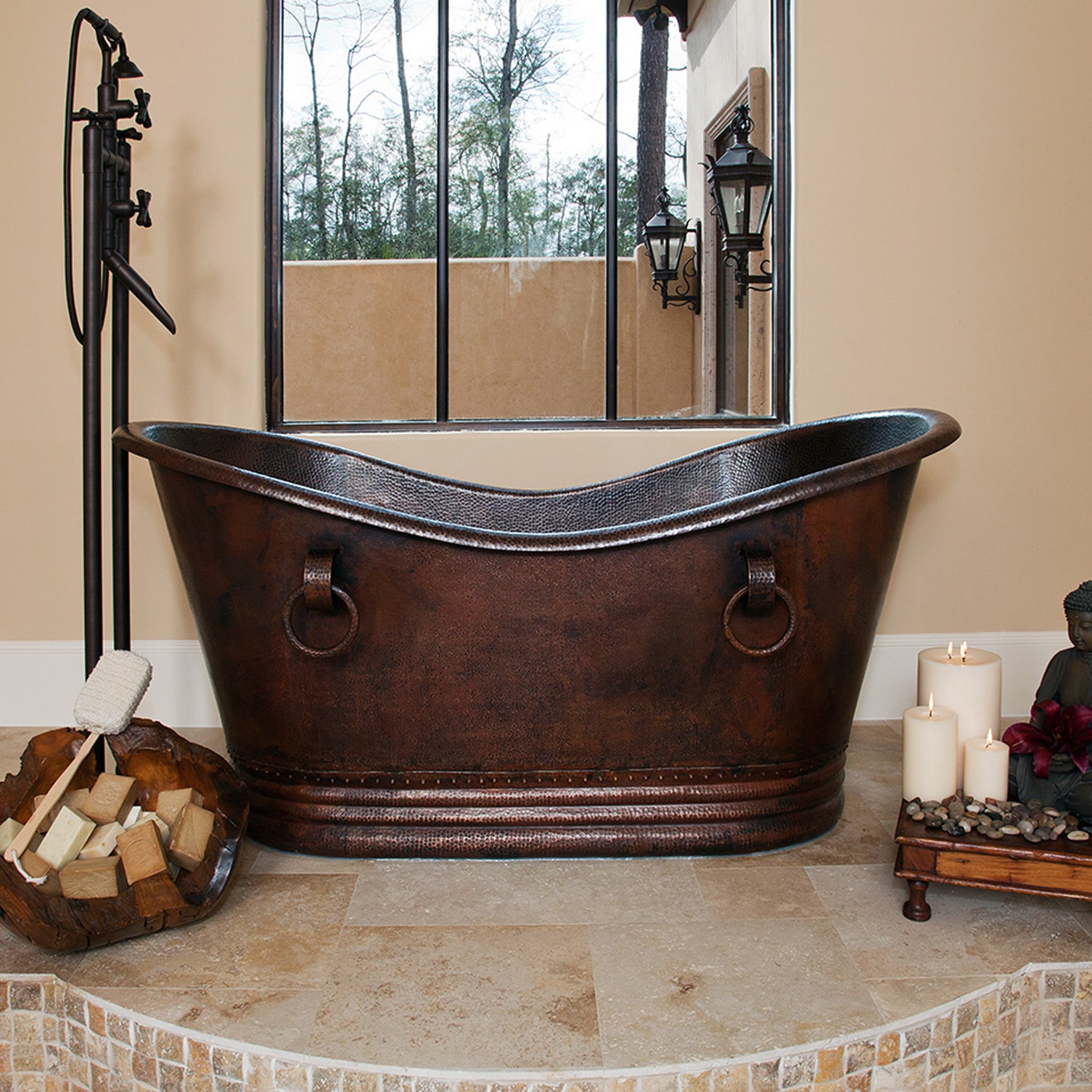 Installation Image of Premier Copper Products 67" Hammered Copper Double Slipper Bathtub With Rings, BTDR67DB
