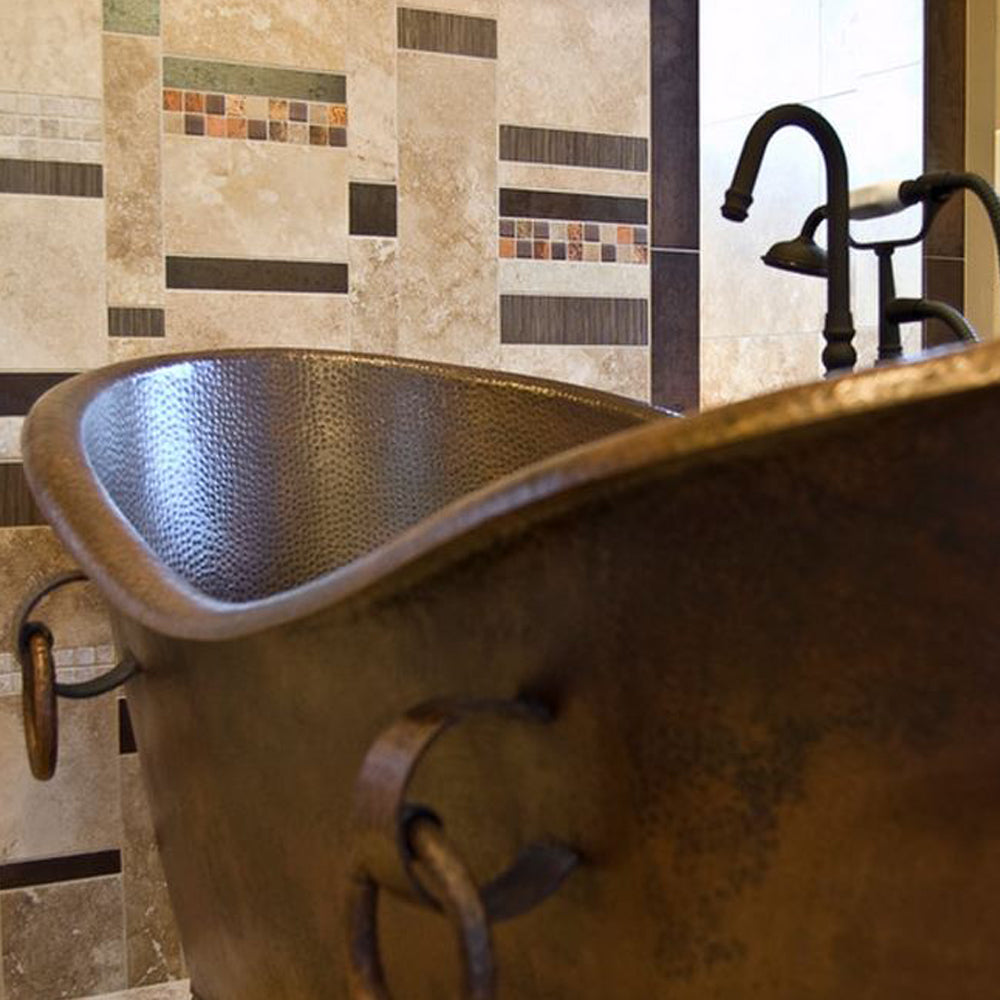 Installation Image of Premier Copper Products 67" Hammered Copper Double Slipper Bathtub With Rings, BTDR67DB