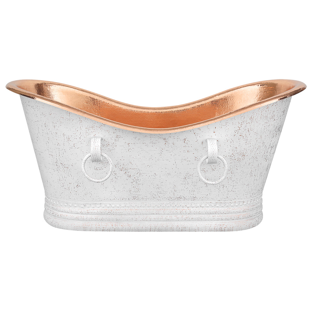 Premier Copper Products 67" Hammered Copper Freestanding Bathtub, Glazed White with Polished Copper, BTDR67WHTP