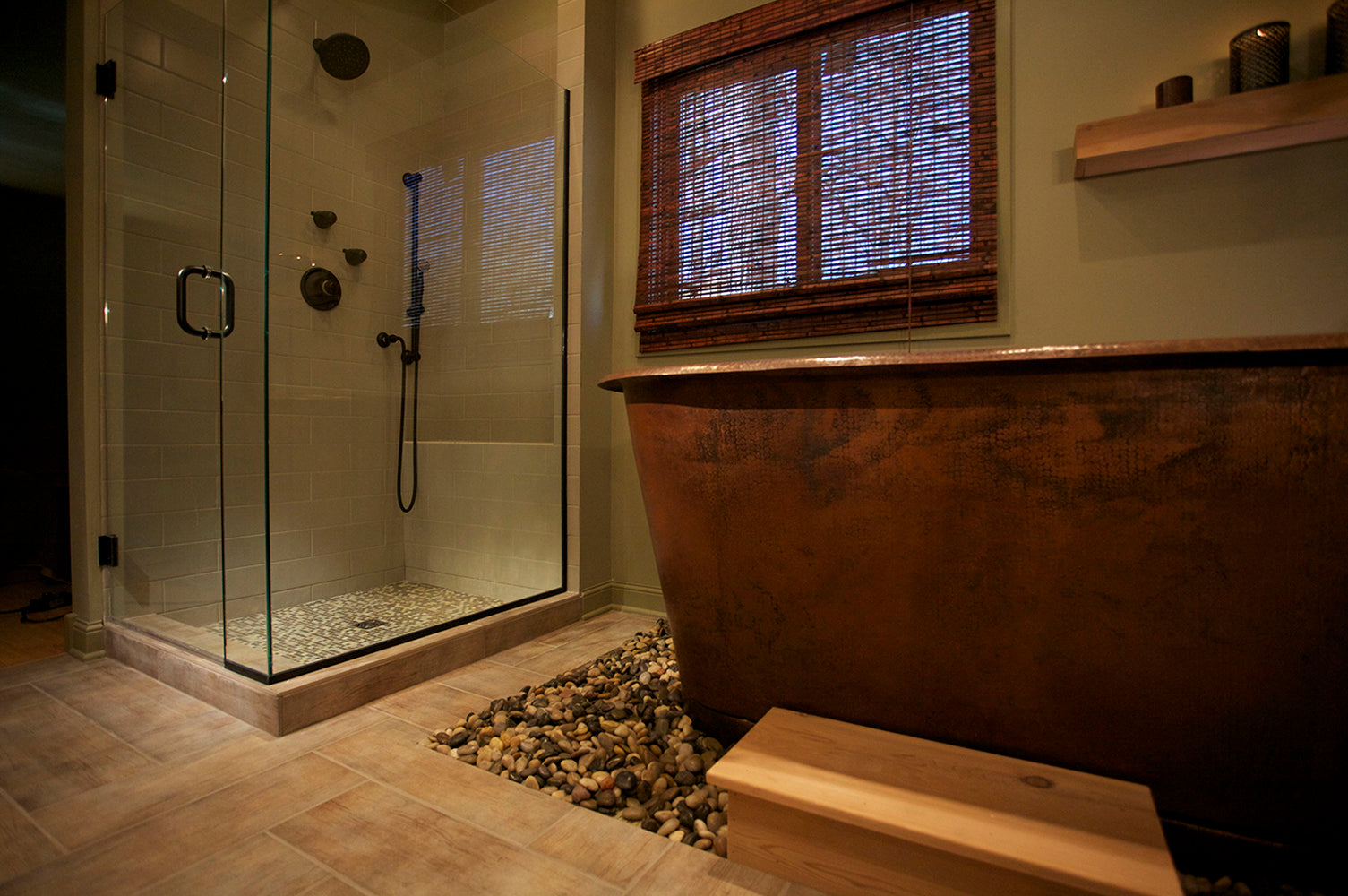 Installation Image of Premier Copper Products 72" Hammered Copper Modern Style Bathtub, BTM72DB