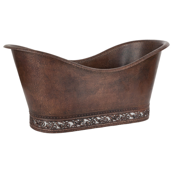 Main Image of Premier Copper Products 67" Hammered Copper Double Slipper Bathtub with Scroll Base and Nickel Inlay, BTN67DB