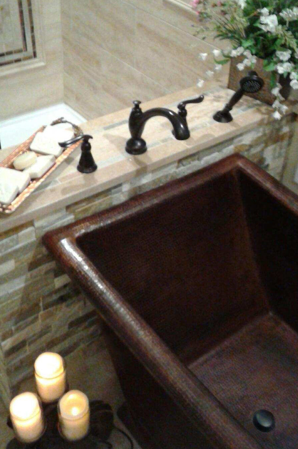 Installation Image of Premier Copper Products 67" Hammered Copper Canoa Single Slipper Bathtub, BTSC67DB