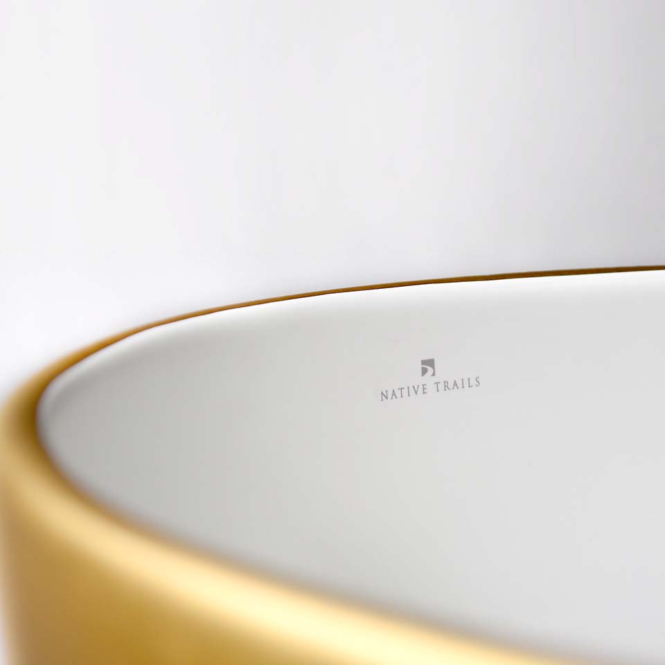Native Trails Bliss 16" x 16" Round Vessel Fireclay Bathroom Sink, Matte Gold/White, PML1616-GW