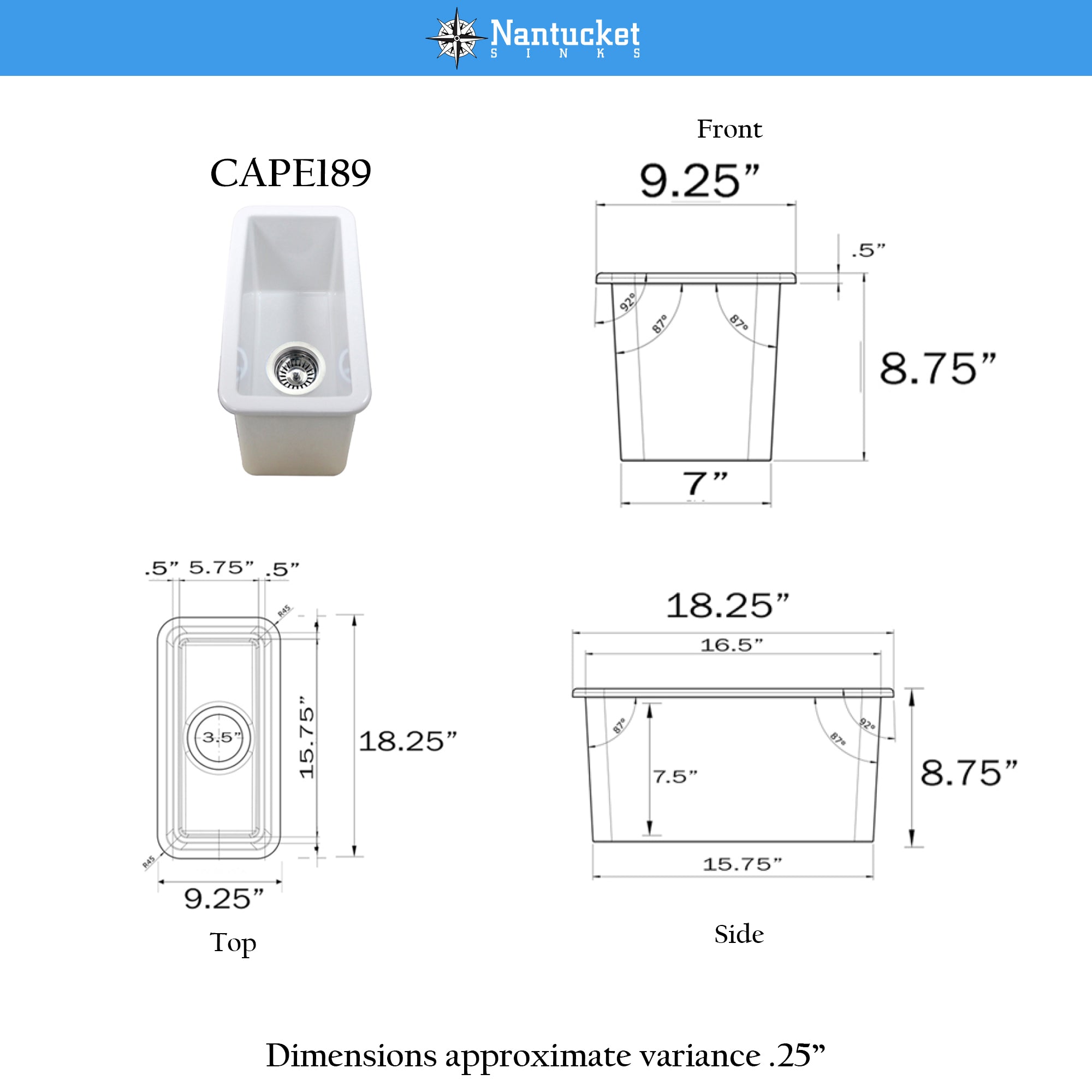 Nantucket Sinks Cape 9" Rectangle Fireclay Bar/Kitchen Sink with Accessories, White, CAPE189