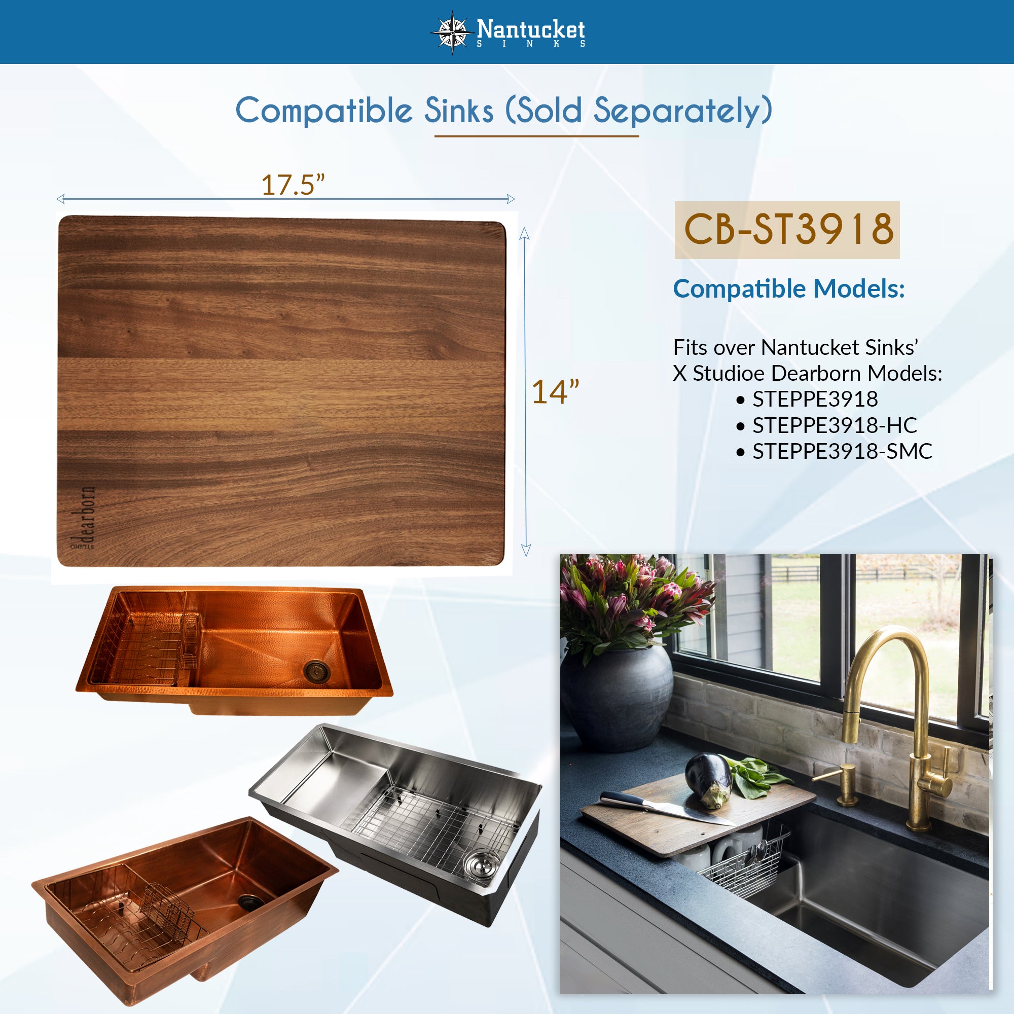 Nantucket Sinks x Studio Dearborn Brightwork 39" Undermount Copper Kitchen Sink with Accessories, 16 Gauge, STEPPE3918-HC