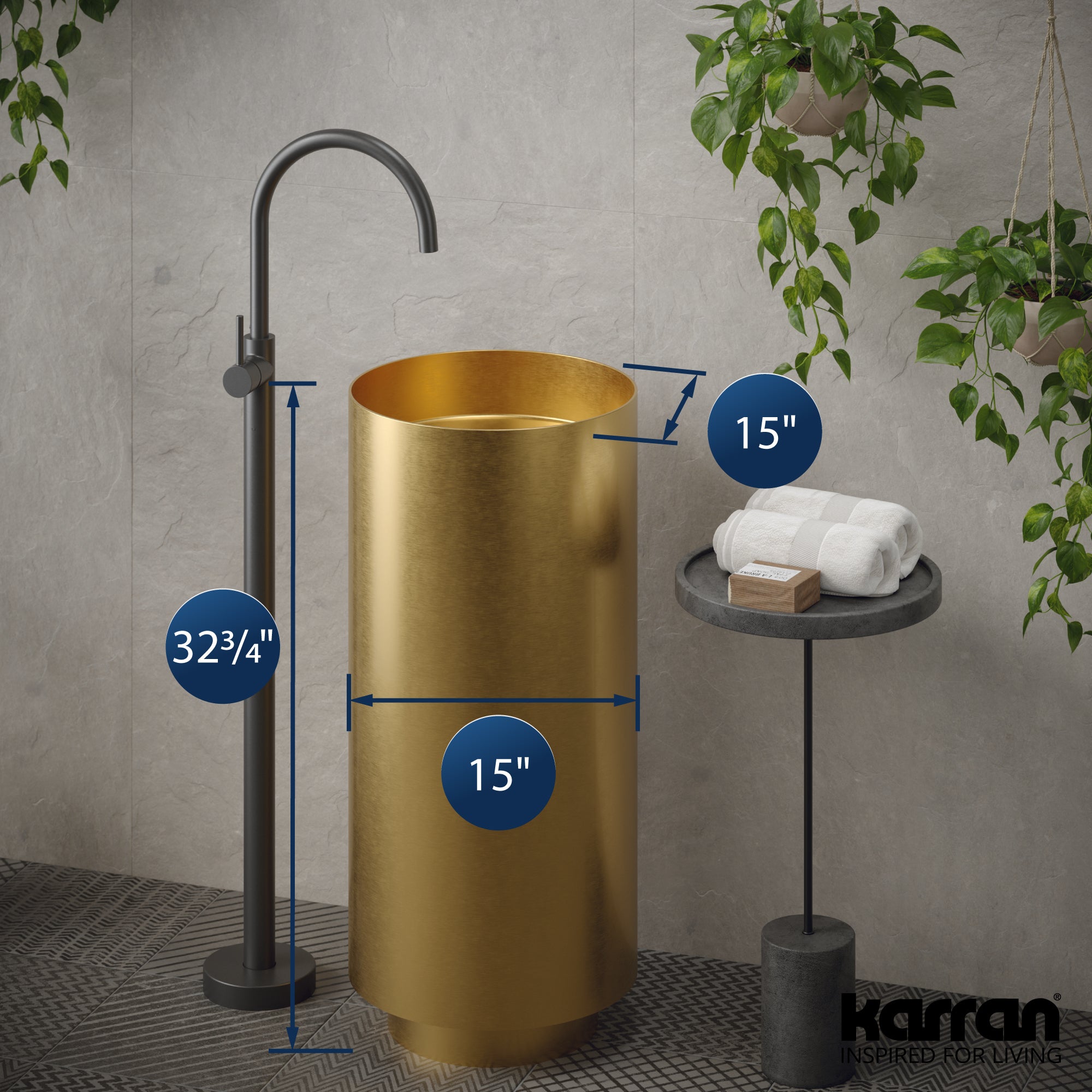 Karran Cinox 15" x 15" Round Freestanding Stainless Steel Bathroom Sink, Gold, 16 Gauge, CCP100G