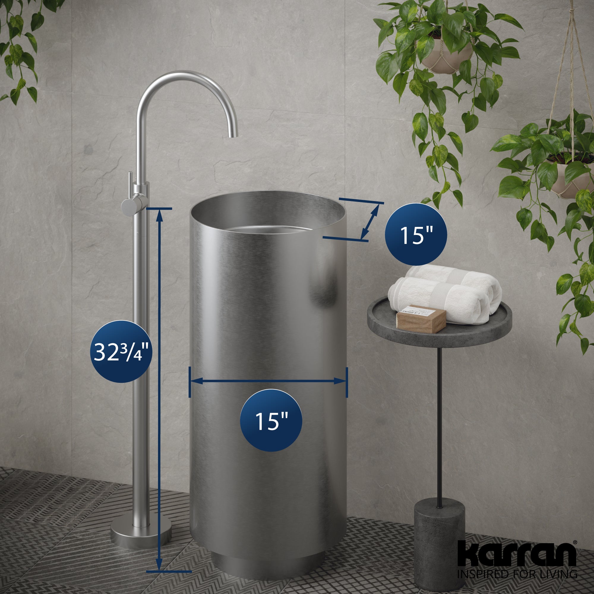 Karran Cinox 15" x 15" Round Freestanding Stainless Steel Bathroom Sink, 16 Gauge, CCP100SS