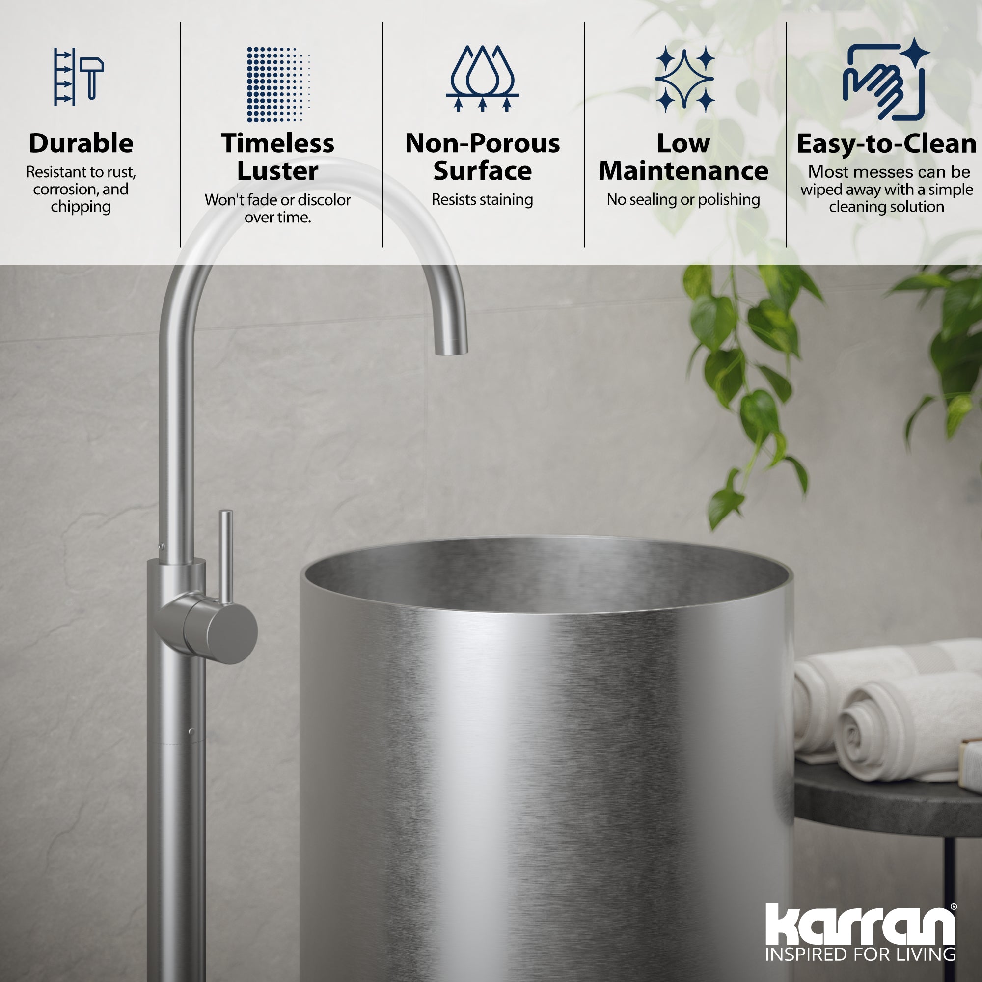 Karran Cinox 15" x 15" Round Freestanding Stainless Steel Bathroom Sink, 16 Gauge, CCP100SS