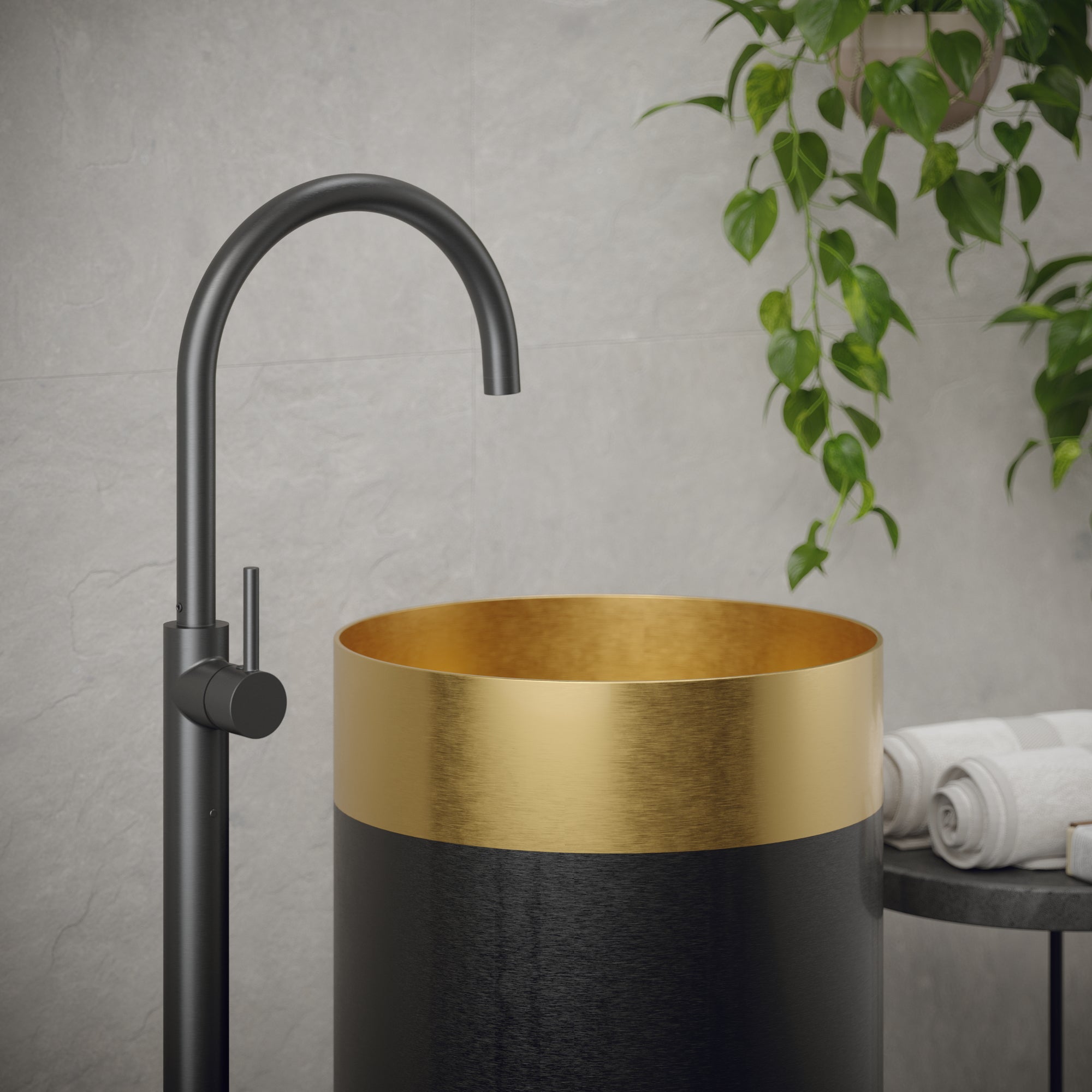 Karran Cinox 15" x 15" Round Freestanding Stainless Steel Bathroom Sink, Gold and Gunmetal Grey, 16 Gauge, CCP200G