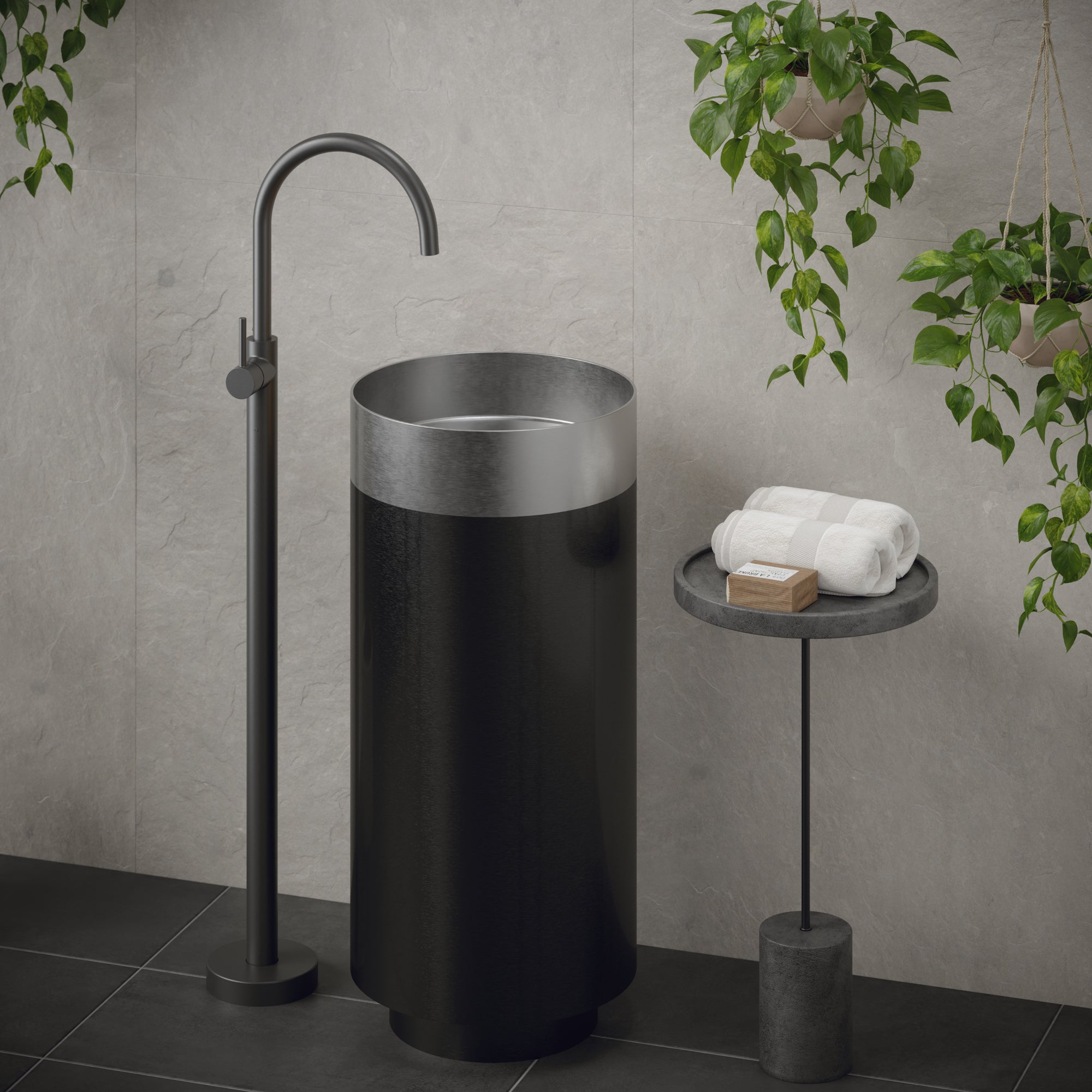Karran Cinox 15" x 15" Round Freestanding Stainless Steel Bathroom Sink, Stainless Steel and Gunmetal Grey, 16 Gauge, CCP200SS