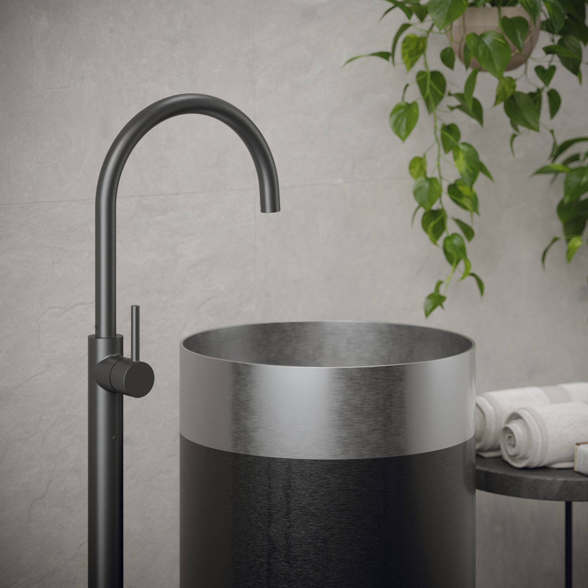 Karran Cinox 15" x 15" Round Freestanding Stainless Steel Bathroom Sink, Stainless Steel and Gunmetal Grey, 16 Gauge, CCP200SS