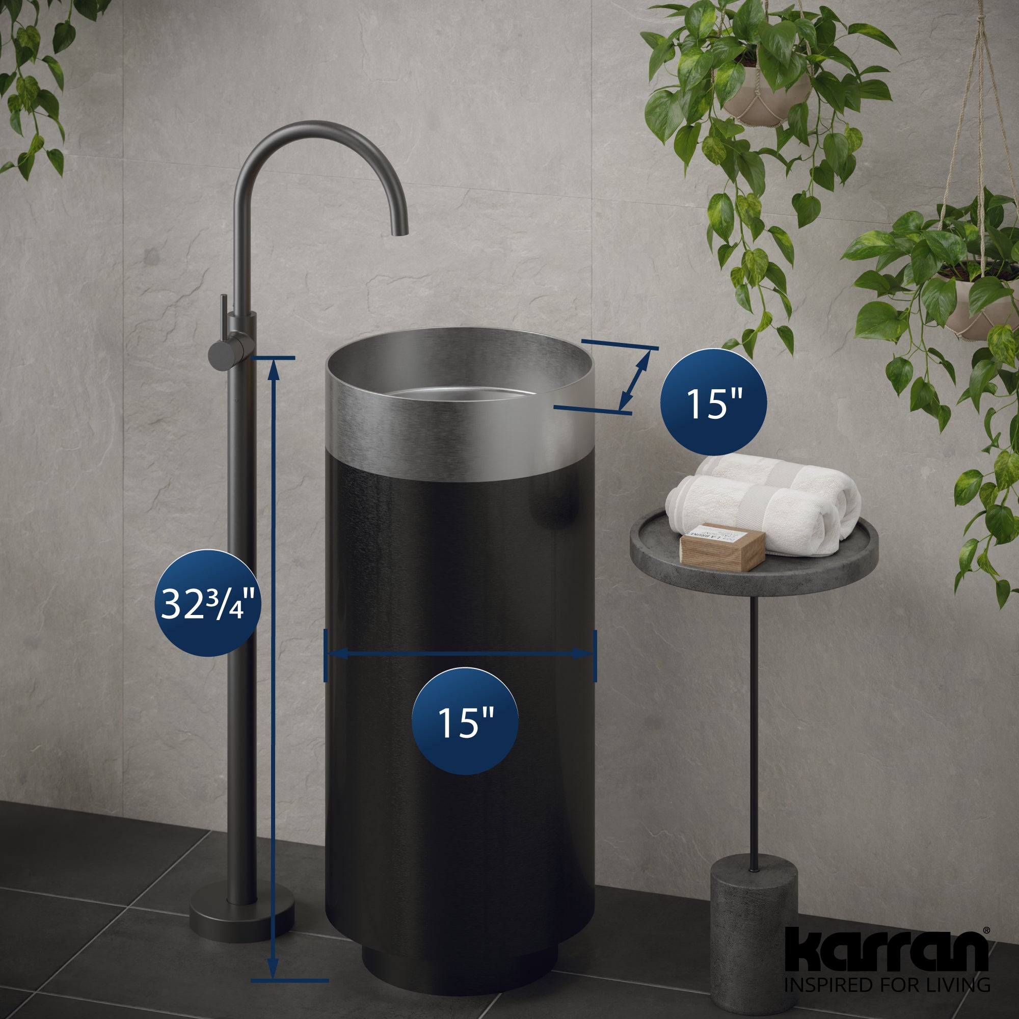 Karran Cinox 15" x 15" Round Freestanding Stainless Steel Bathroom Sink, Stainless Steel and Gunmetal Grey, 16 Gauge, CCP200SS