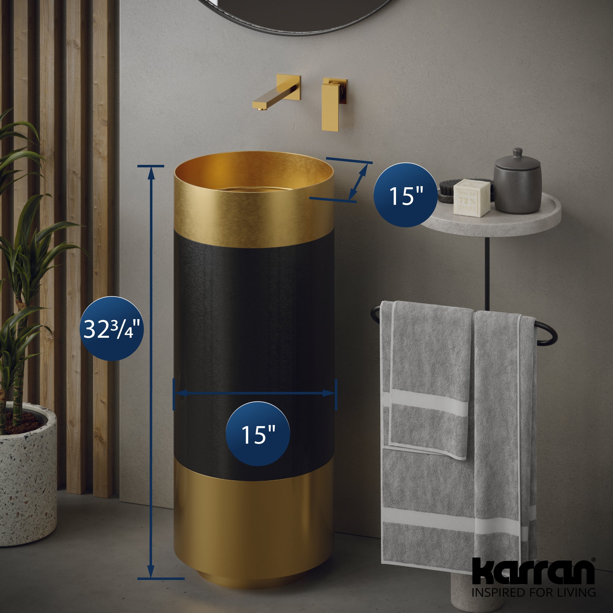 Karran Cinox 15" x 15" Round Freestanding Stainless Steel Bathroom Sink, Gold and Gunmetal Grey, 16 Gauge, CCP300G