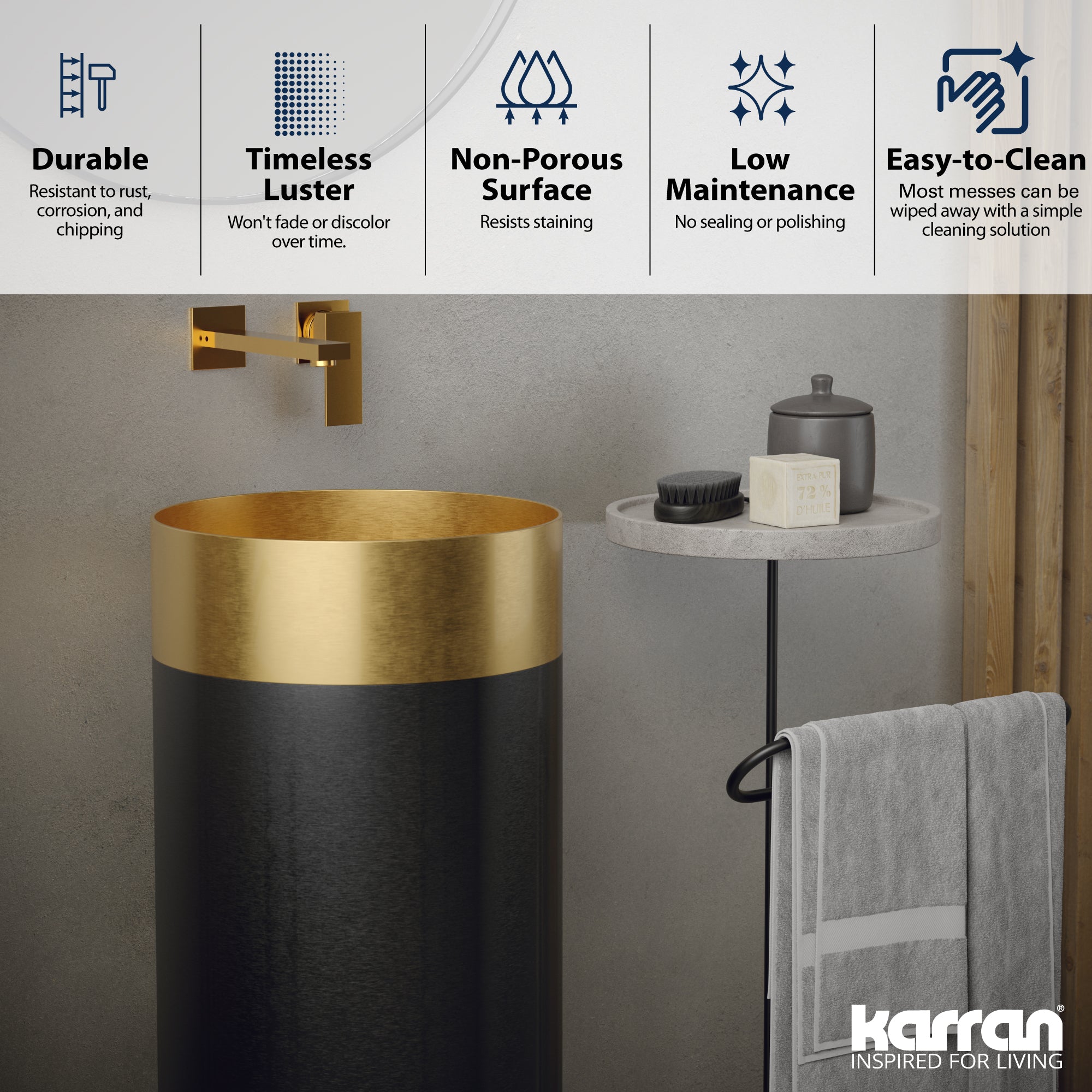 Karran Cinox 15" x 15" Round Freestanding Stainless Steel Bathroom Sink, Gold and Gunmetal Grey, 16 Gauge, CCP300G