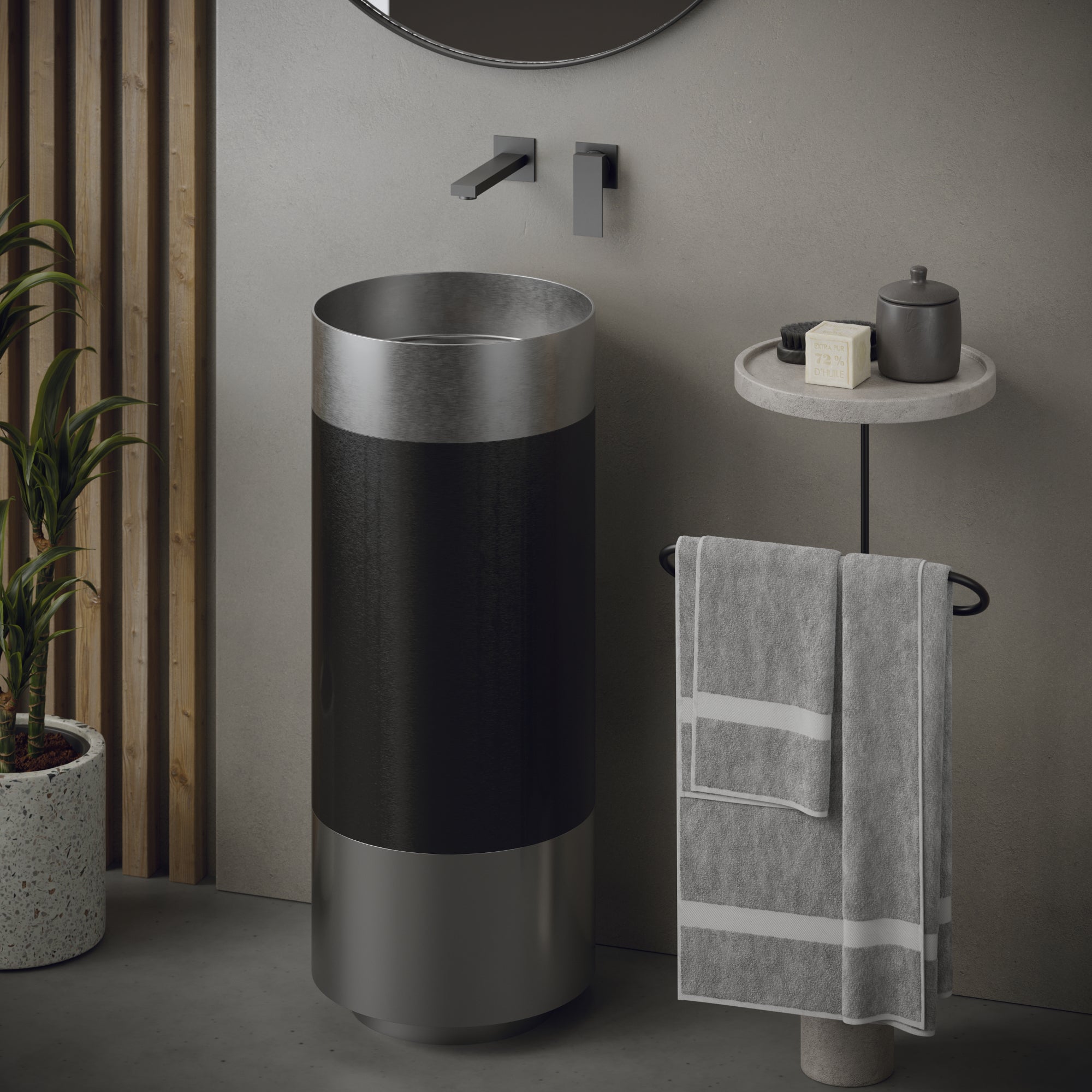Karran Cinox 15" x 15" Round Freestanding Stainless Steel Bathroom Sink, Stainless Steel and Gunmetal Grey, 16 Gauge, CCP300SS