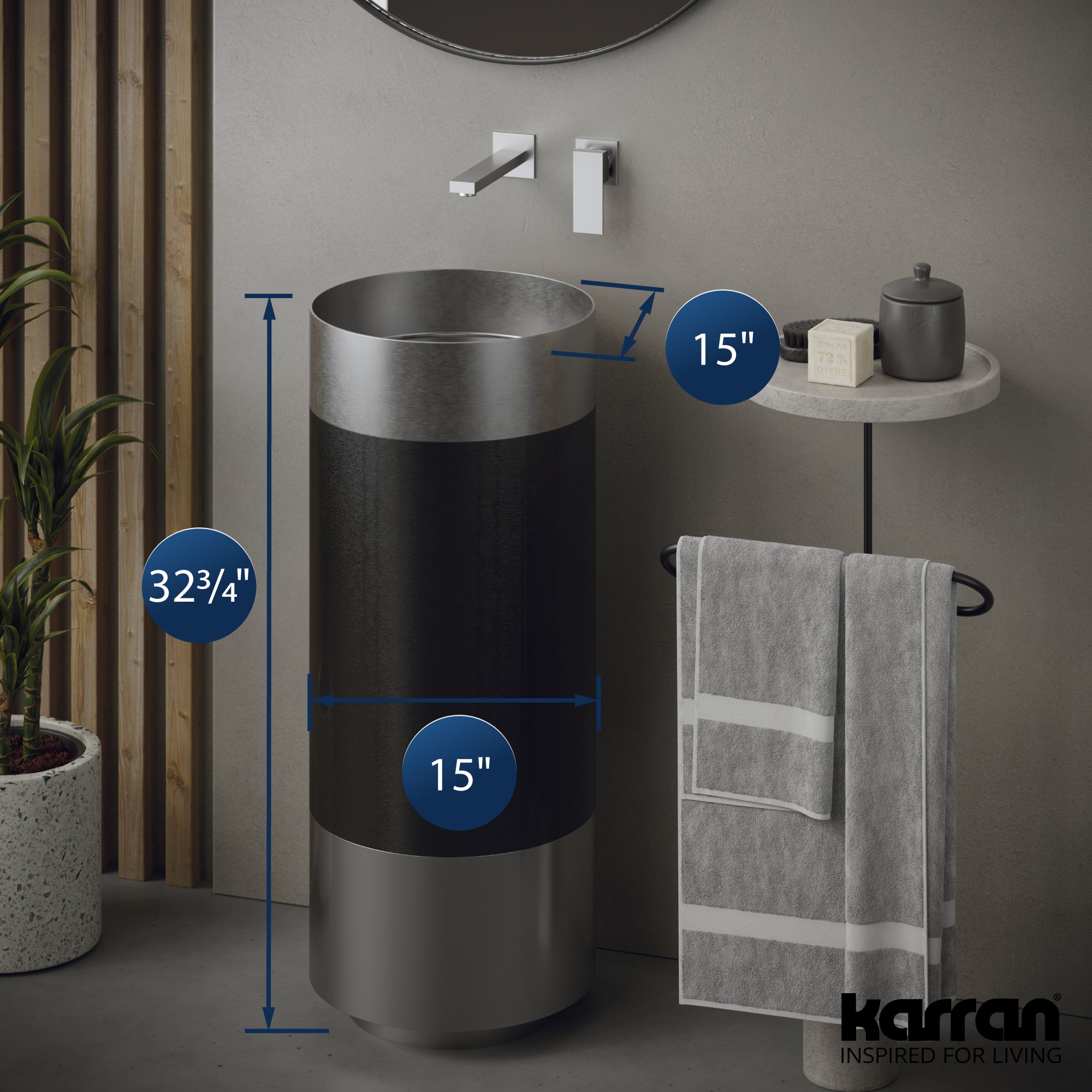 Karran Cinox 15" x 15" Round Freestanding Stainless Steel Bathroom Sink, Stainless Steel and Gunmetal Grey, 16 Gauge, CCP300SS