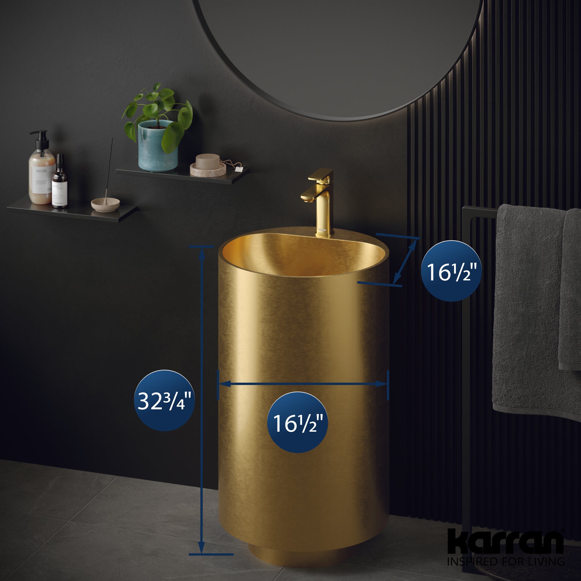 Karran Cinox 16.5" x 16.5" Round Freestanding Stainless Steel Bathroom Sink, Gold, 16 Gauge, CCP400G