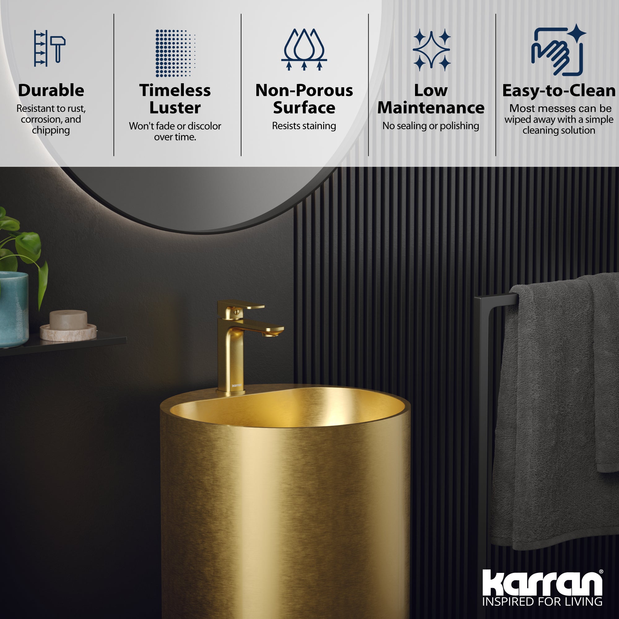 Karran Cinox 16.5" x 16.5" Round Freestanding Stainless Steel Bathroom Sink, Gold, 16 Gauge, CCP400G