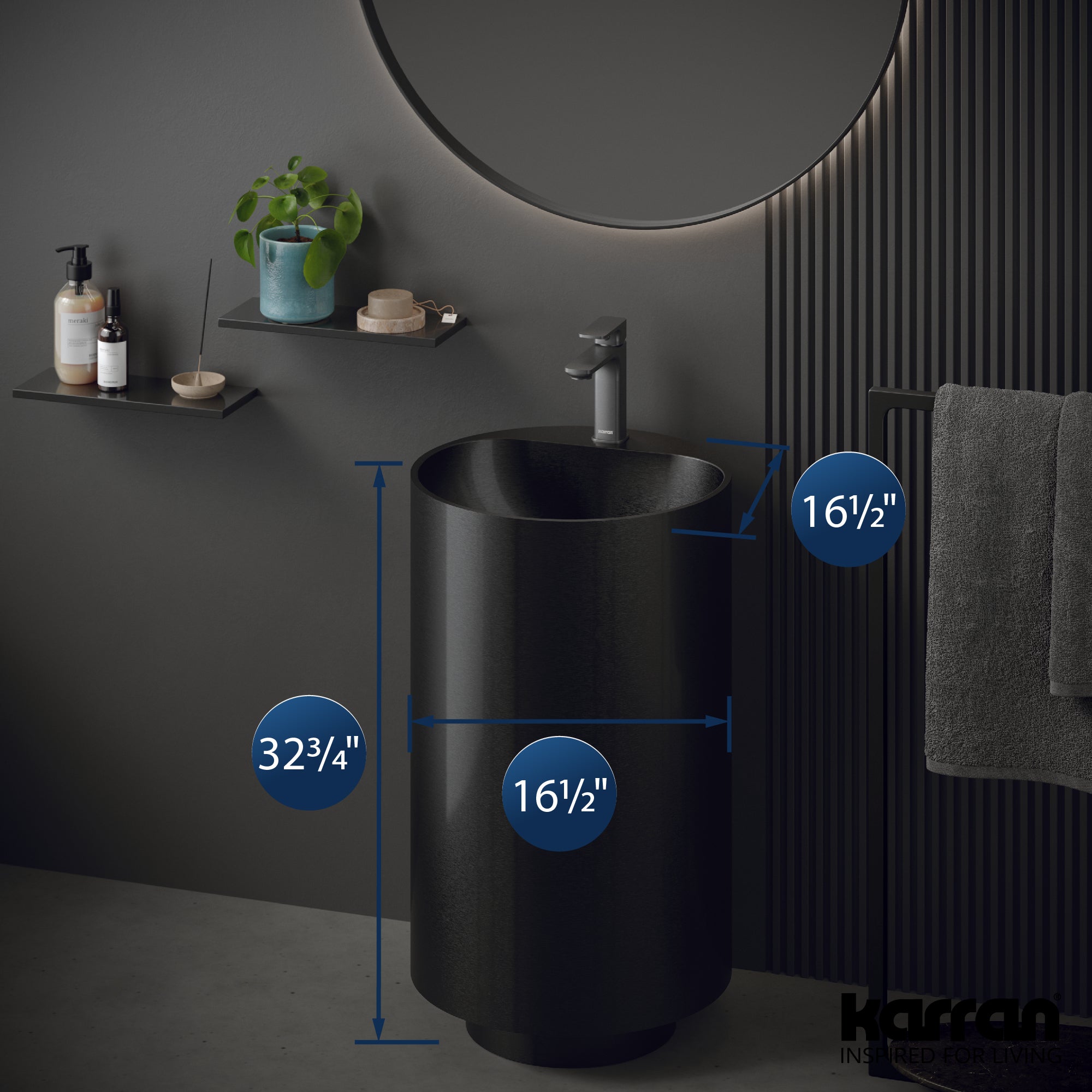Karran Cinox 16.5" x 16.5" Round Freestanding Stainless Steel Bathroom Sink, Gunmetal Grey, 16 Gauge, CCP400GG