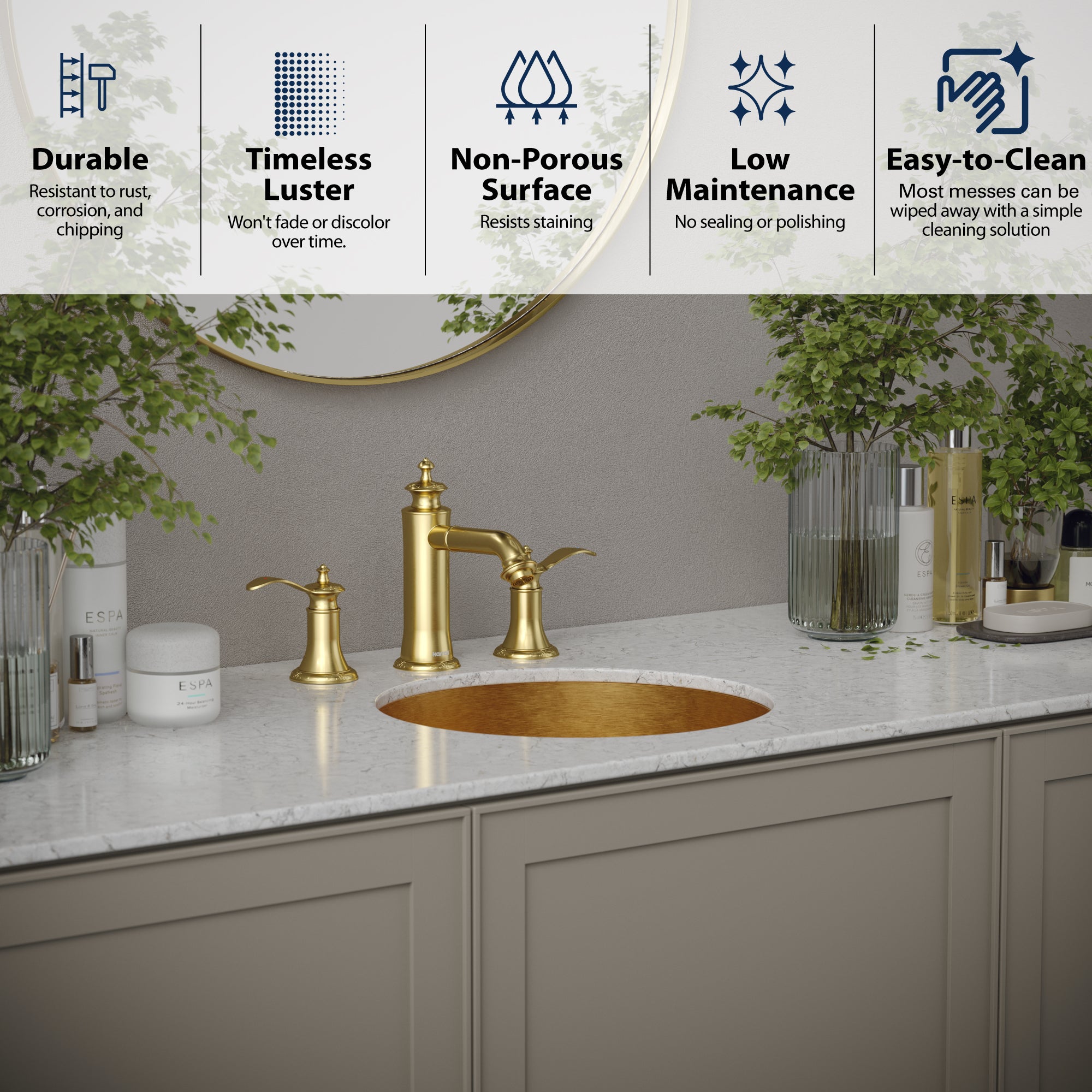 Karran Cinox 15.75" x 15.75" Round Undermount Stainless Steel Bathroom Sink, Gold, 16 Gauge, CCU100G