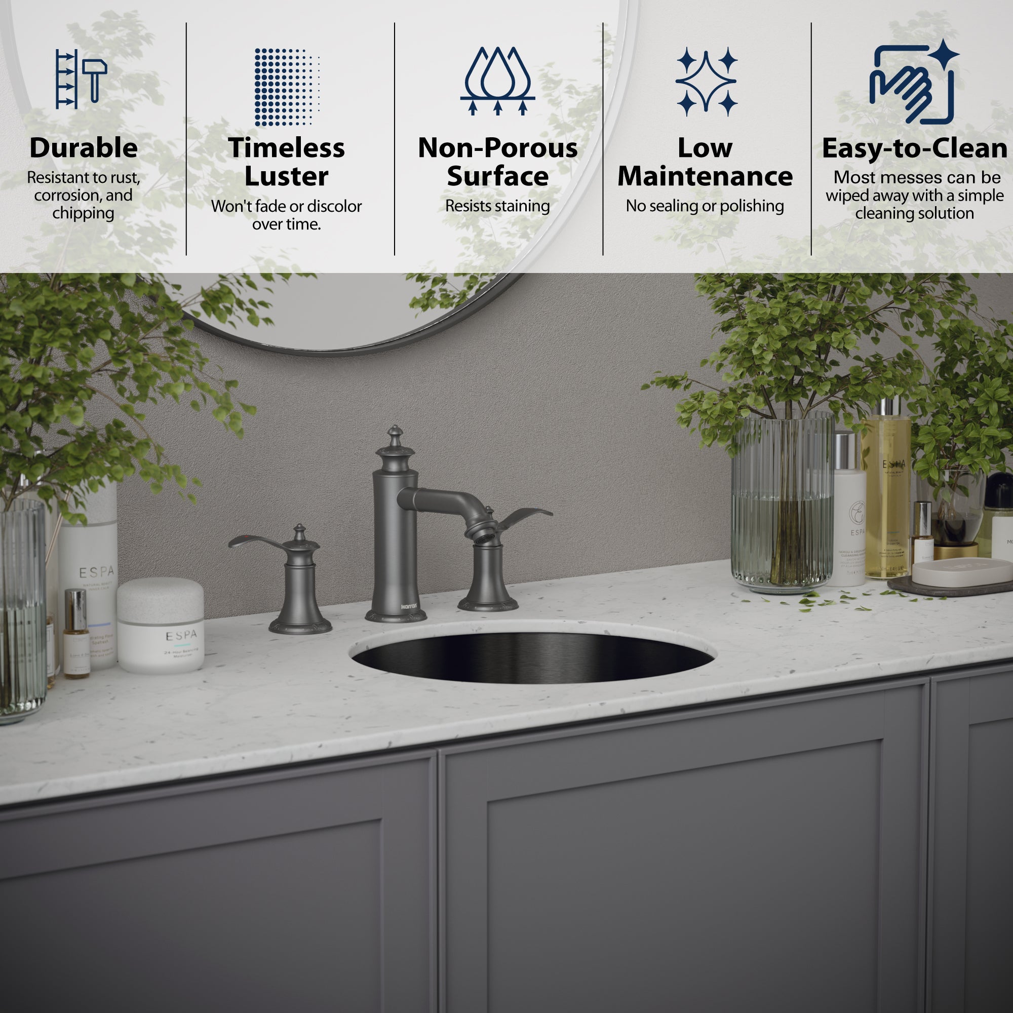 Karran Cinox 15.75" x 15.75" Round Undermount Stainless Steel Bathroom Sink, Gunmetal Grey, 16 Gauge, CCU100GG